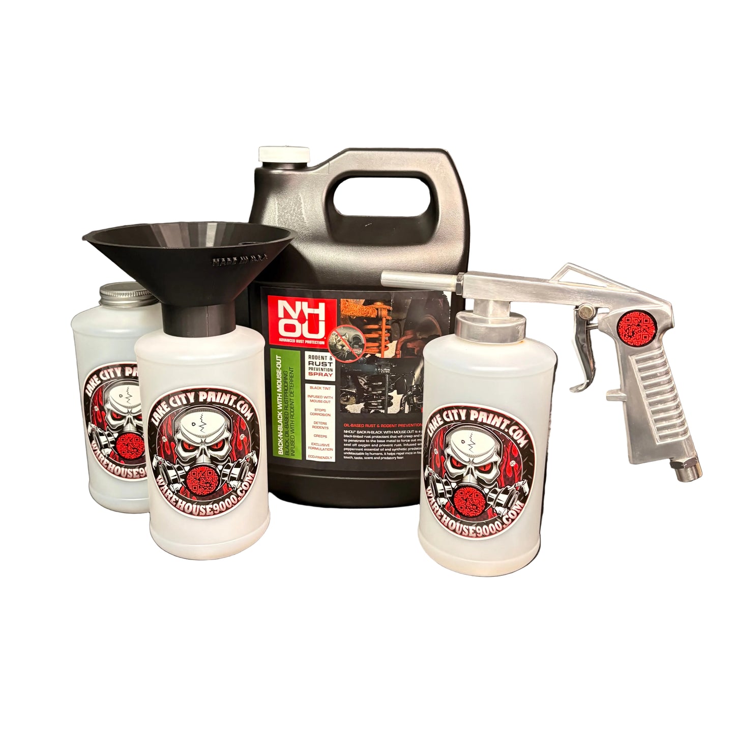 NHOU Back-N-Black Standard Economy Undercoating Gun & Threaded Funnel Kit (3 W Quart Bottles)