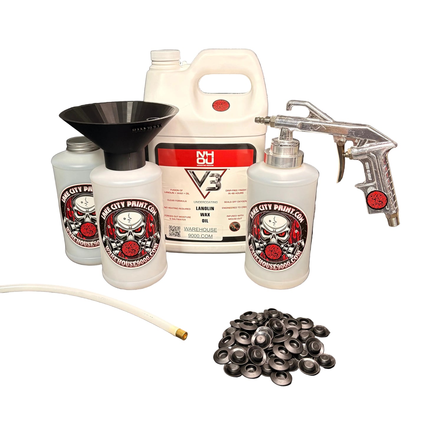 NHOU V3 Clear Semi-Pro Undercoating Gun & Threaded Funnel - Straight Wand Kit (3 W Quart Bottles)