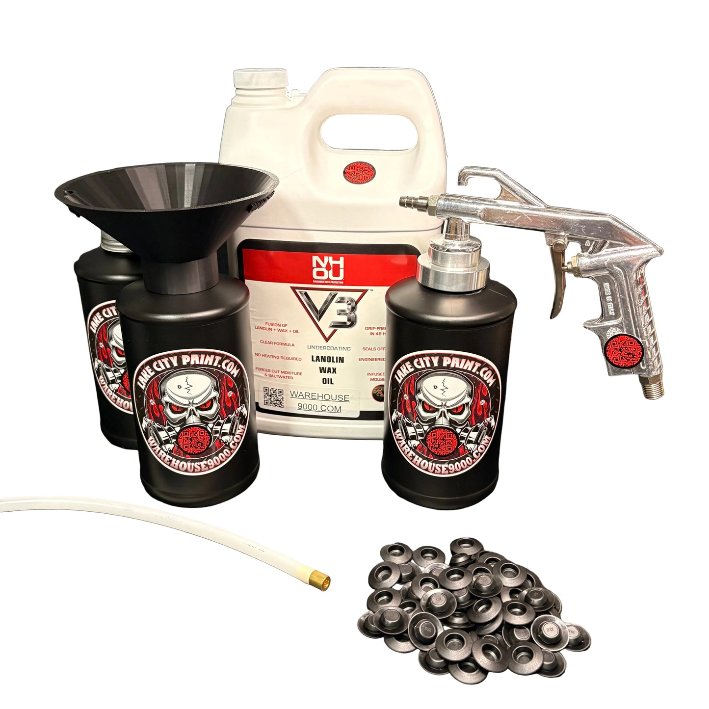 NHOU V3 Clear Semi-Pro Undercoating Gun & Threaded Funnel - Straight Wand Kit (3 B Quart Bottles)