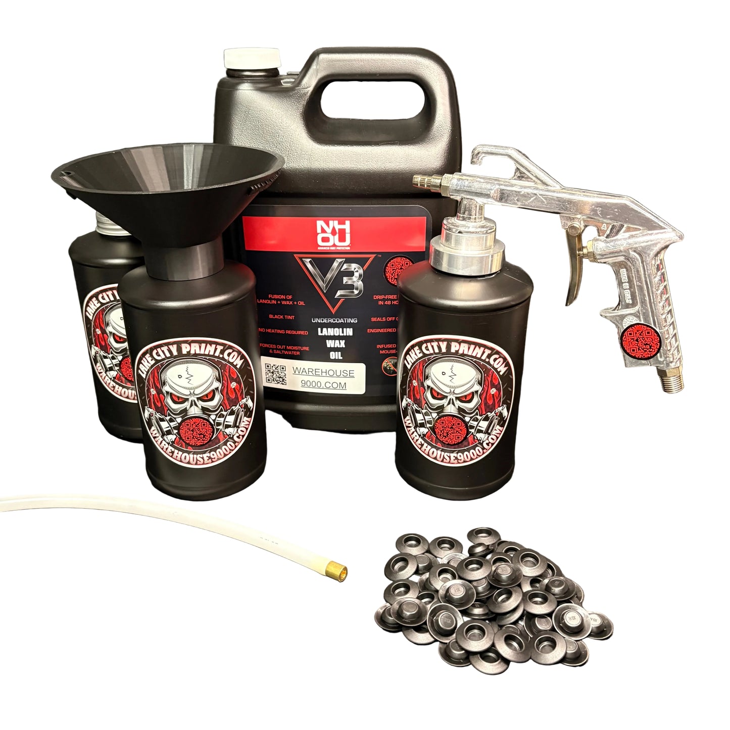 NHOU V3 Black Semi-Pro Undercoating Gun & Threaded Funnel - Straight Wand Kit (3 B Quart Bottles)