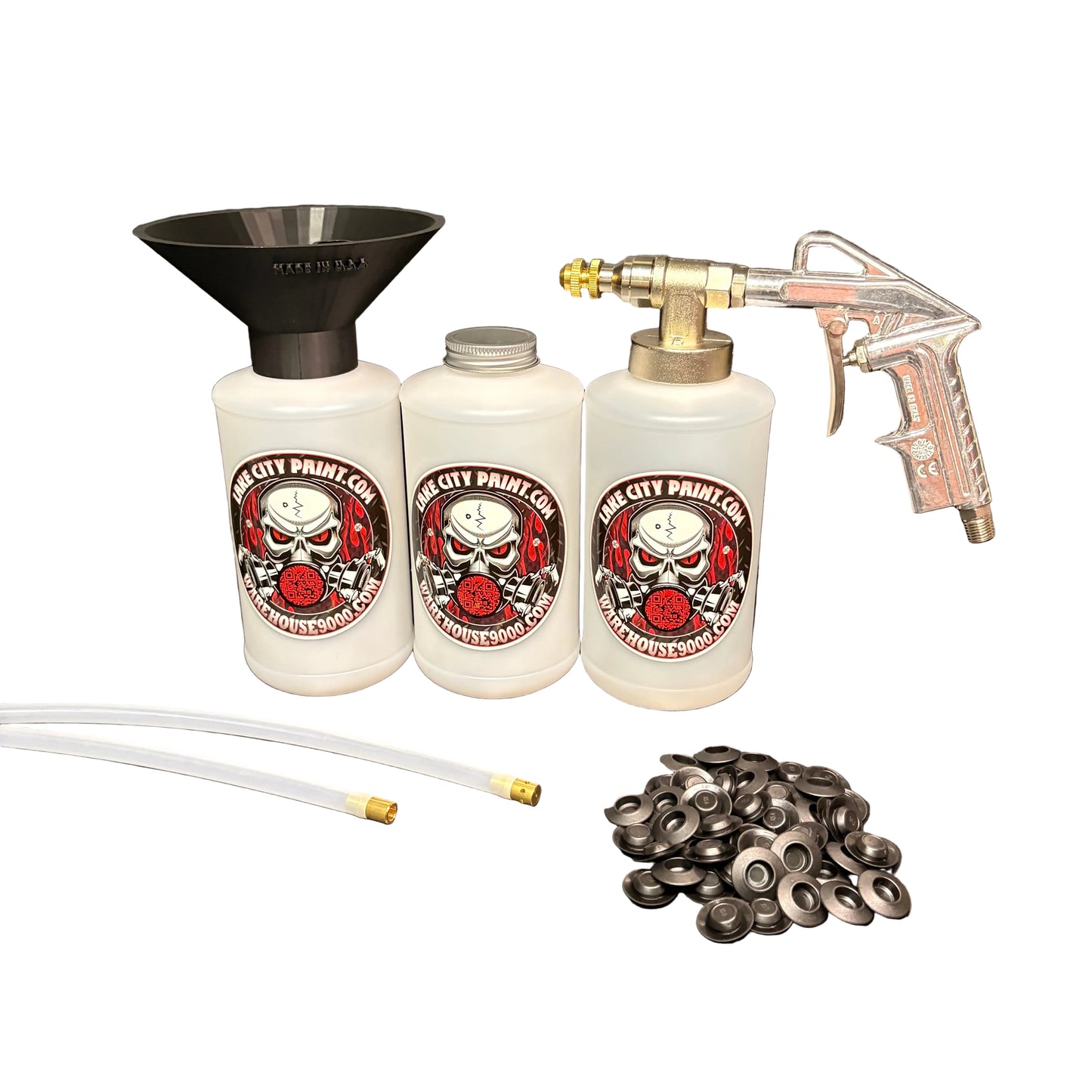 Pro Undercoating Spray Gun & Custom Threaded Funnel - 2 Wand Kit (3 W Quart Bottles)