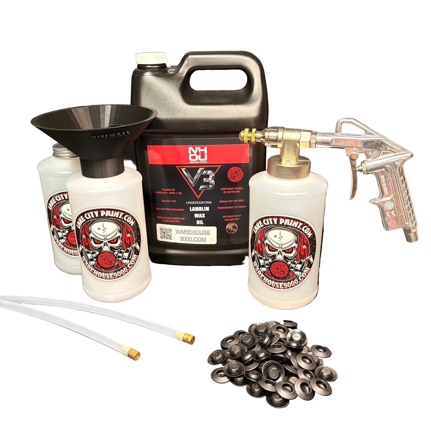 NHOU V3 Black Pro Undercoating Gun & Threaded Funnel - 2 Wand Kit (3 W Quart Bottles)