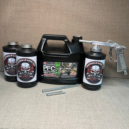 Gallon PFC Black, Standard Undercoating Gun, and 3 Black Quart Bottles