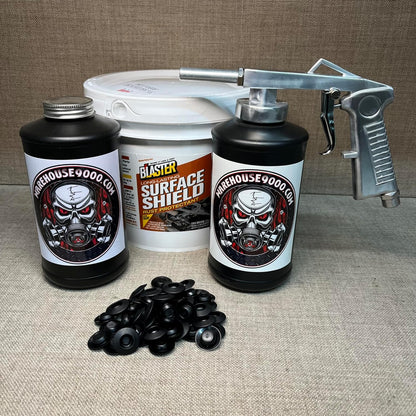 Gallon PB Blaster Surface Shield, Standard Undercoating Spray Gun, 2 Black Quart Bottles, and 50 Rust Plugs