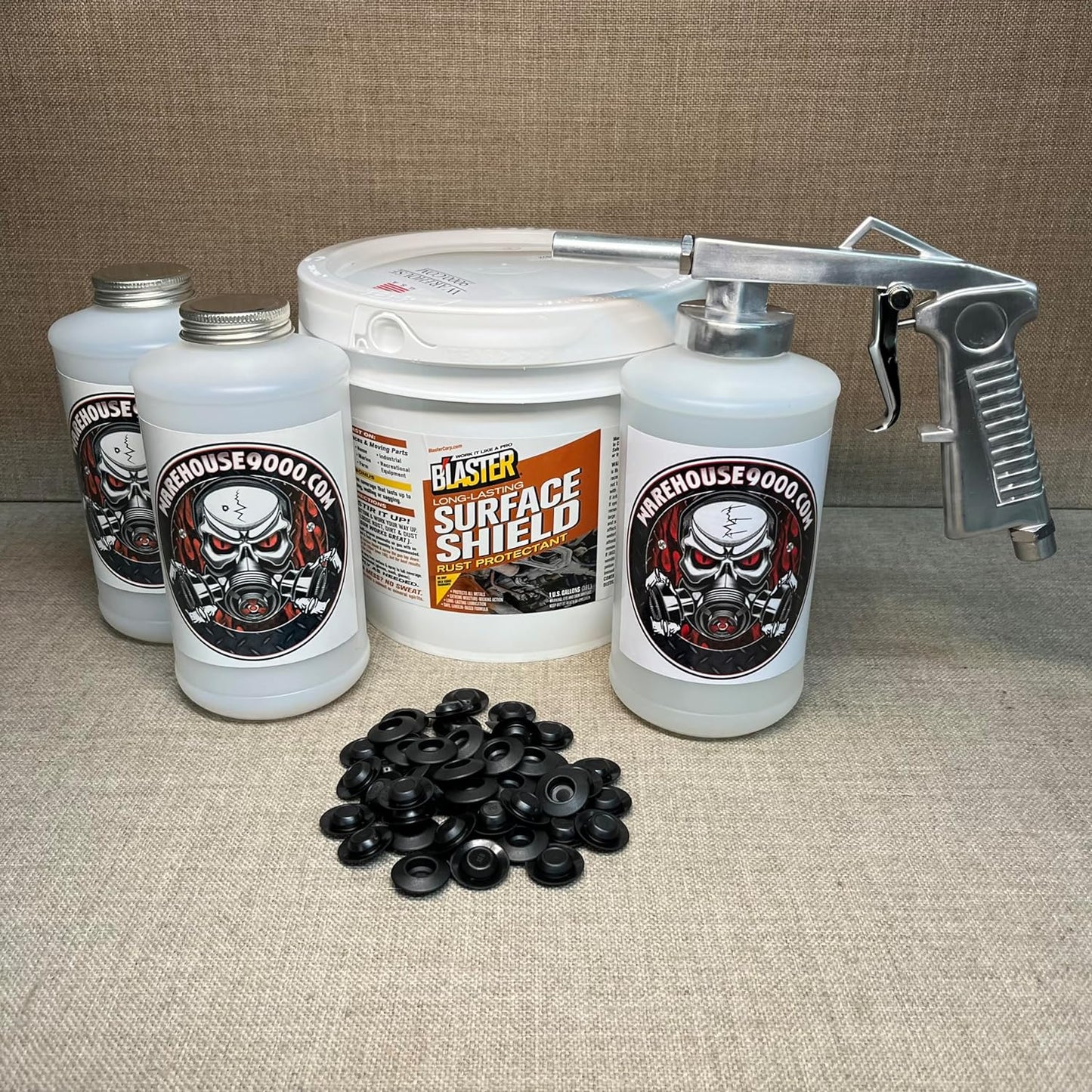 Gallon PB Blaster Surface Shield, Standard Undercoating Spray Gun, 3 White Quart Bottles, and 50 Rust Plugs