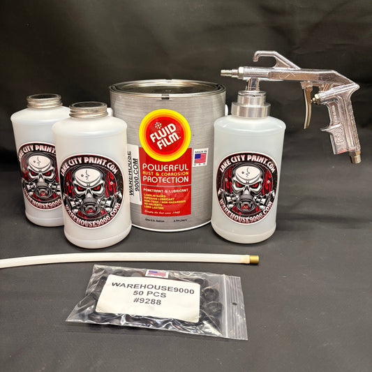 Gal. Fluid Film Amber, Semi Pro Undercoating Gun, 1 Wand, 3 W Qt. Bottles, and 50 Rust Plugs