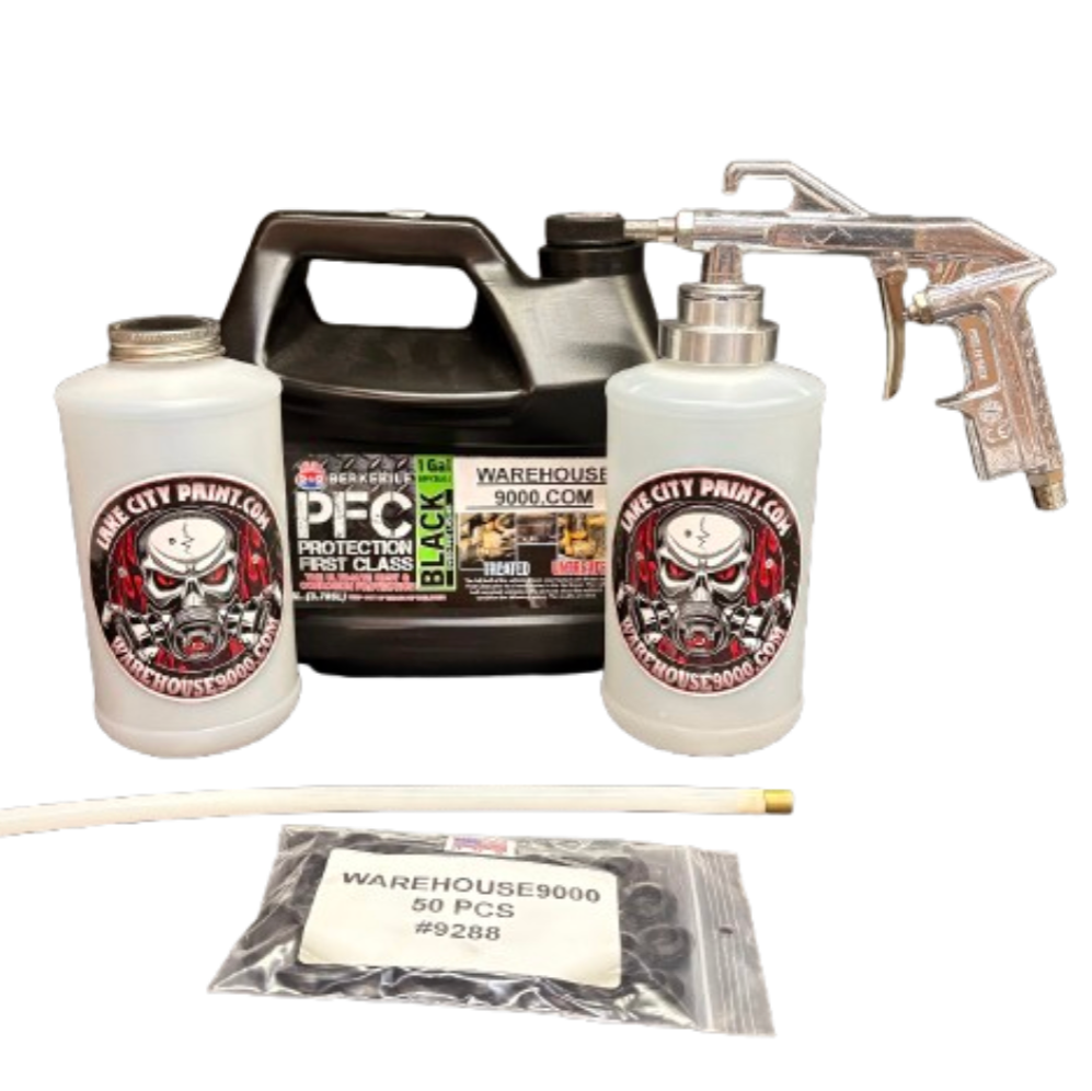 Berkebile PFC undercoating kit with spray gun, quart bottles, hose and rust prevention accessories