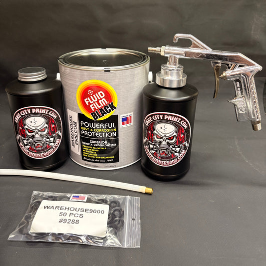 Gal. Fluid Film Black, Semi Pro Undercoating Gun, 1 Wand, 2 B Qt. Bottles, and 50 Rust Plugs