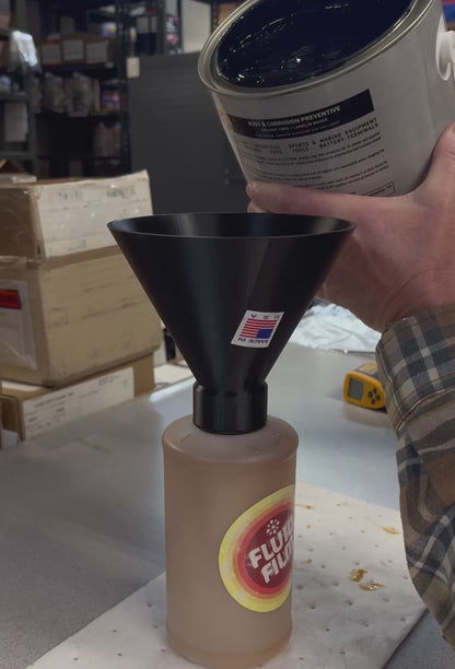 Pouring undercoating fluid into funnel bottle for spray gun application and automotive rust prevention