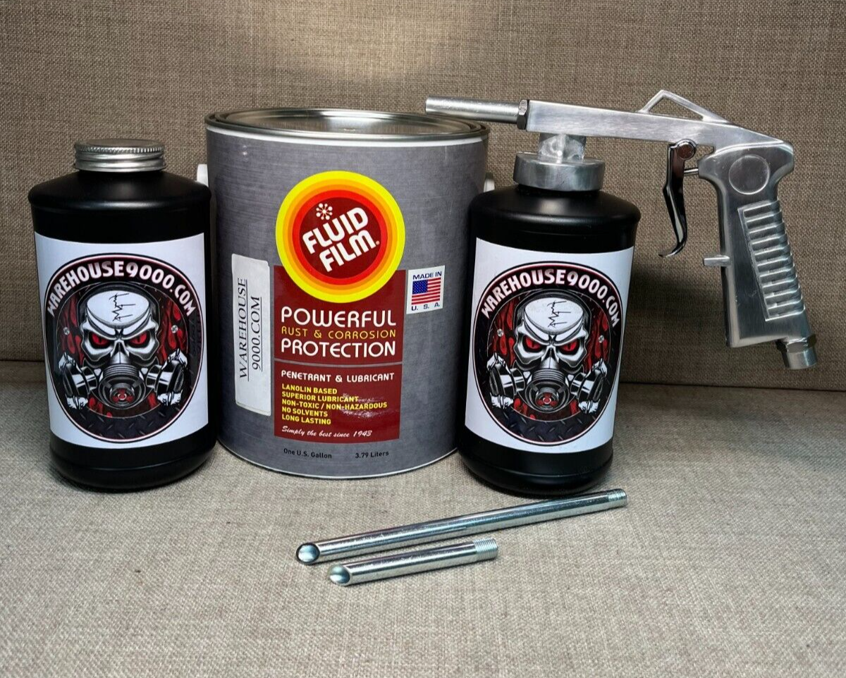 Gallon Fluid Film Amber, Standard Undercoating Gun, and 2 White Quart Bottles