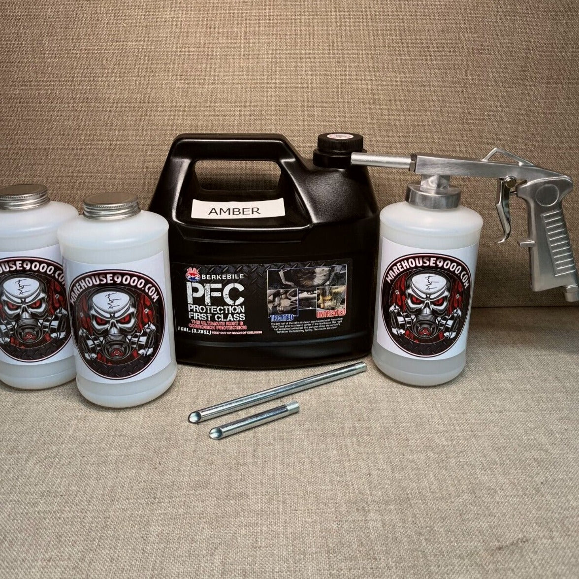 Gallon PFC Amber, Standard Undercoating Gun, and 3 White Quart Bottles