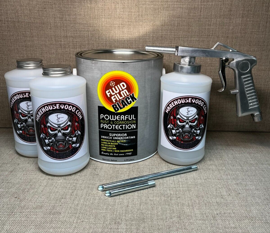 Gallon Fluid Film Black, Standard Undercoating Gun, and 3 White Quart Bottles