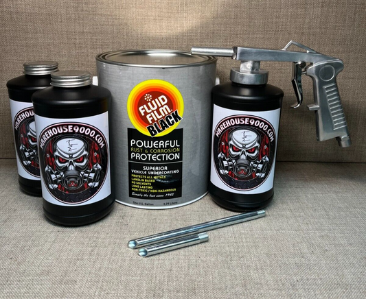 Gallon Fluid Film Black, Standard Undercoating Gun, and 3 Black Quart Bottles