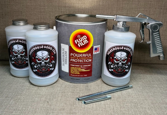 Gallon Fluid Film Amber, Standard Undercoating Gun, and 3 White Quart Bottles