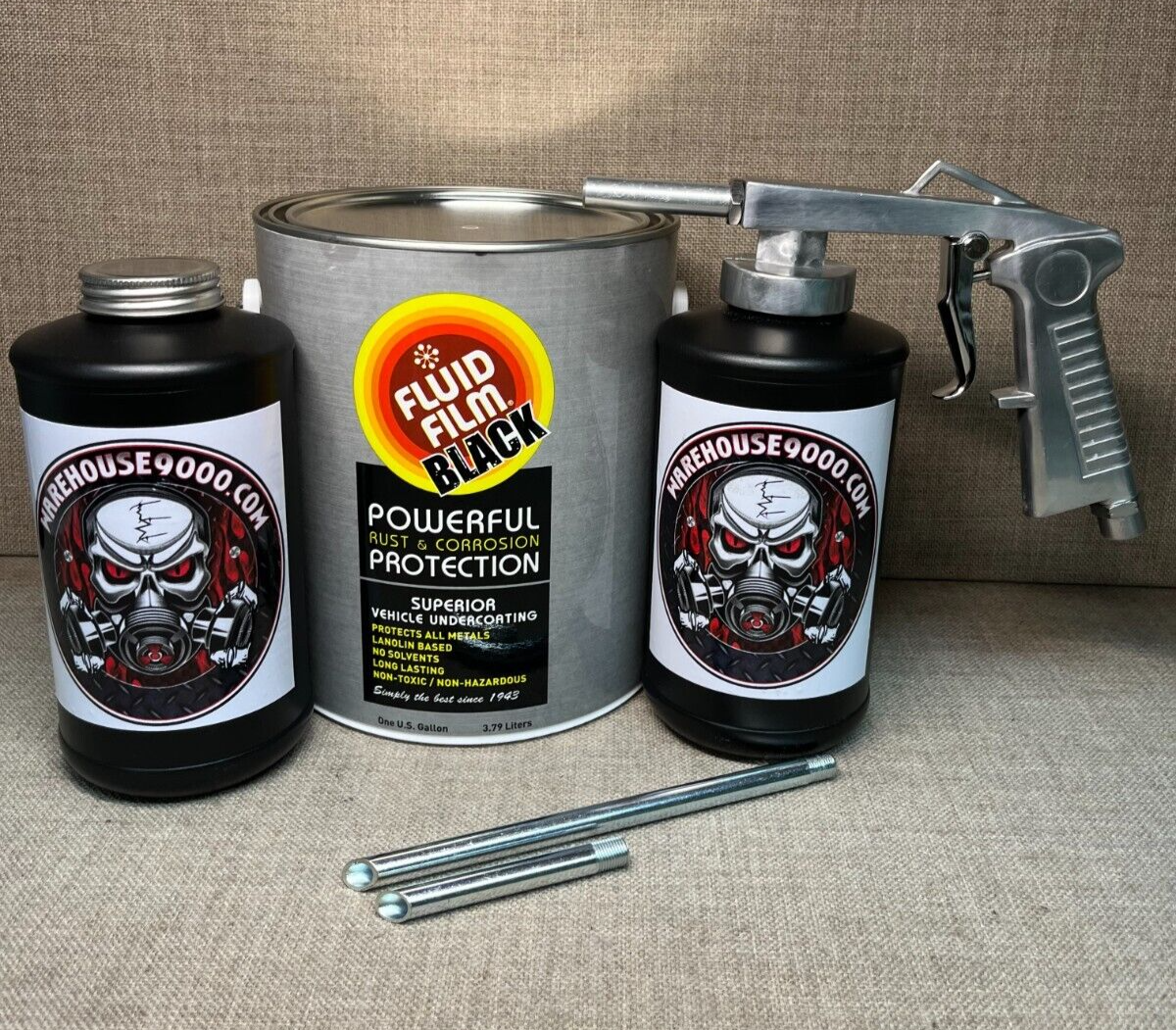 Gallon Fluid Film Black, Standard Undercoating Gun, and 2 White Quart Bottles