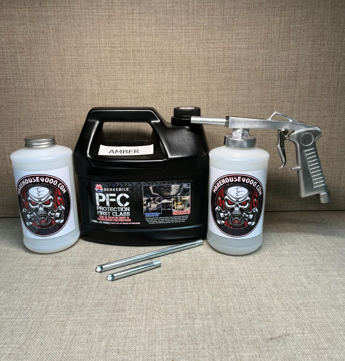 Gallon PFC Amber, Standard Undercoating Gun, and 2 White Quart Bottles