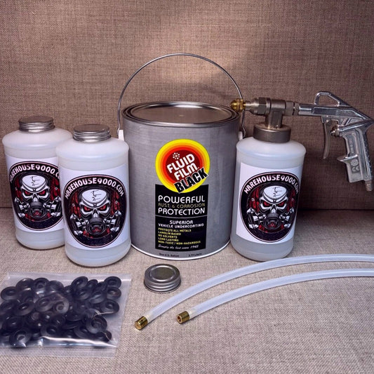 GALLON FLUID FILM BLACK PRO GUN, 3 BOTTLES, 2 WANDS, AND 50 PLUGS