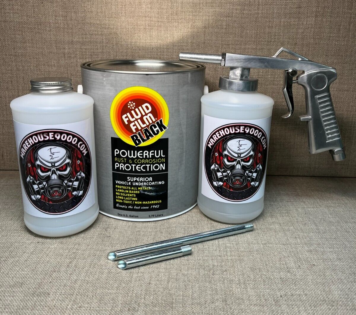 Gallon Fluid Film Black, Standard Undercoating Gun, and 2 White Bottles